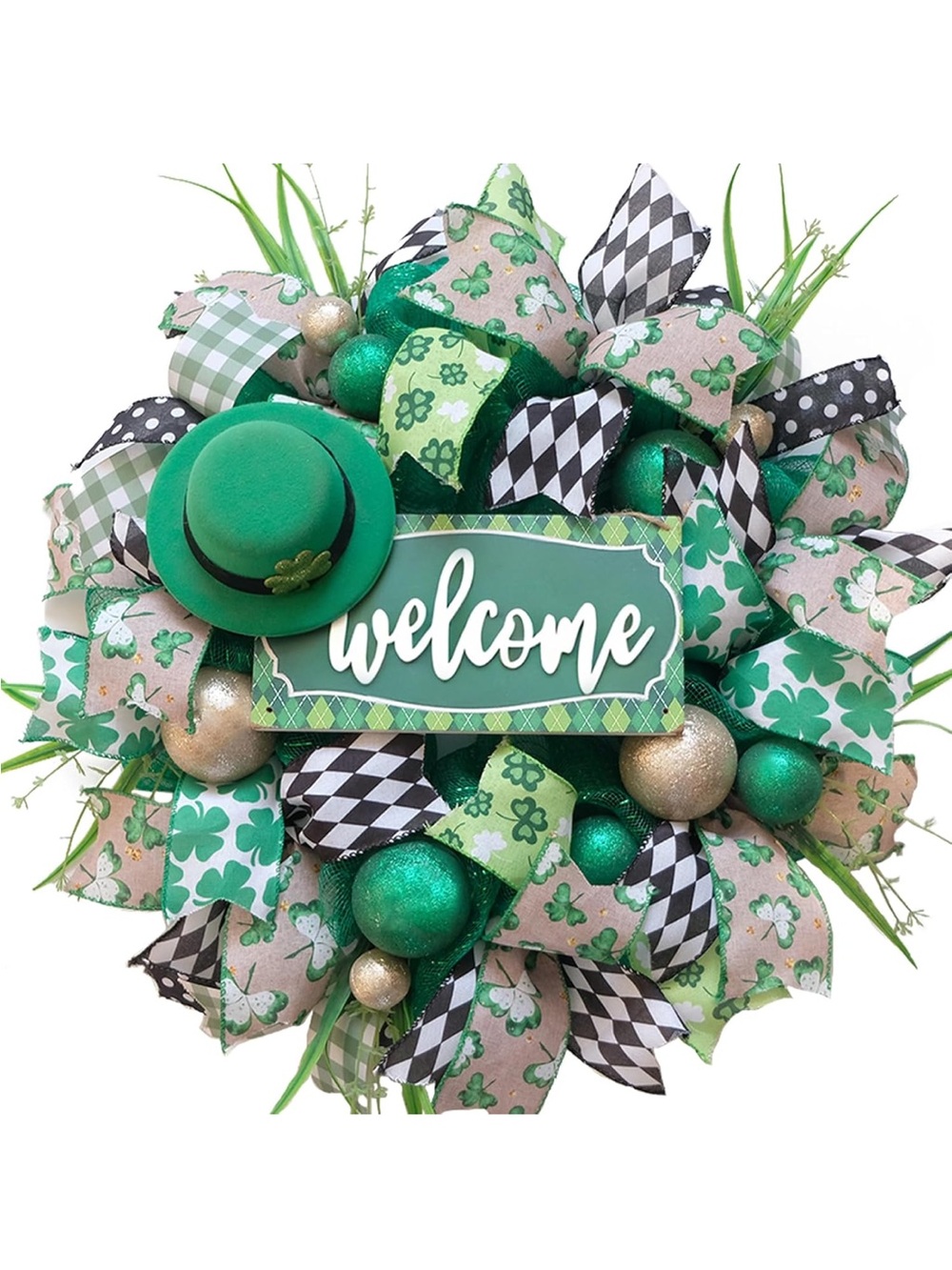 New Open Box 22 Inch St Patricks Day Wreath with Leprechaun Hat Shamrock Ribbons